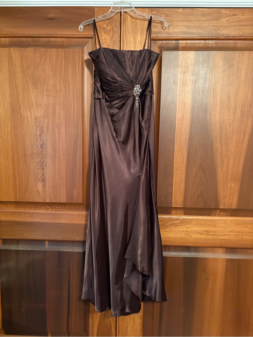 Elegant Brown Satin Maxi Dress with Rhinestone Detail